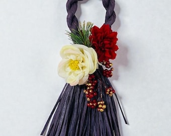 Japanese Style Purple Washi Paper Tassel Wreath with Artificial Flowers – Handmade purple Door Decor