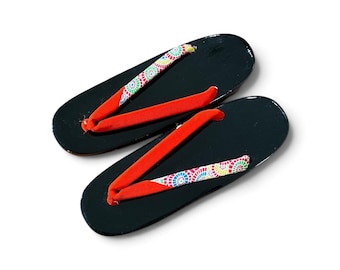 Vintage Japanese Geta Sandals, New Old Stock Wooden Geta, Black Wooden Sandals, Red Hanao, Japanese Kimono Footwear, 23cm, #2
