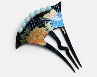 Vintage kanzashi, black Bobby pin, Japanese comb, Japanese Flower and butterfly Kanzashi, Floral kanzashi, kimono kanzashi