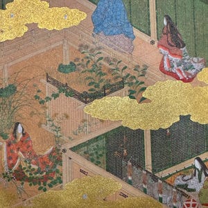 May include: An antique Japanese painting depicting figures in traditional attire within a detailed architectural setting. The artwork features gold leaf accents, with figures in red, blue, and white garments. The scene is set amidst a garden with green foliage.