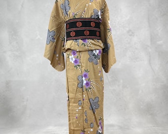 Japanese Yukata Set for Women, Black & red Obi, Cotton Summer Kimono, Floral Yukata, Traditional Japanese Clothing, cherry blossoms