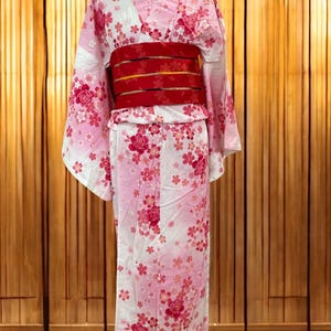 浴衣と赤い帯、ヴィンテージピンクの浴衣と帯、浴衣夏着物と簡単
