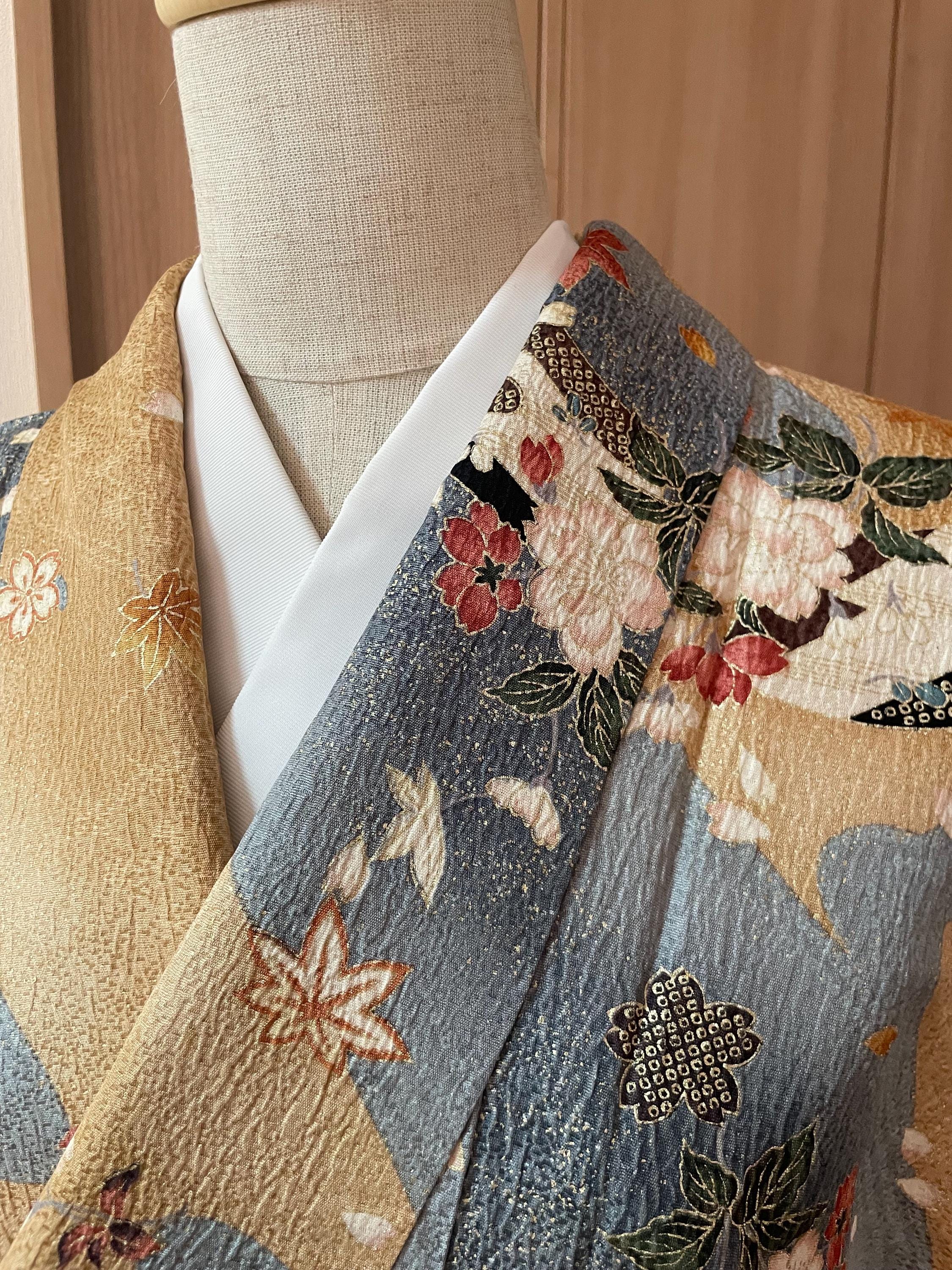 茶色の着物、シルクの花柄着物、ヴィンテージ着物、小紋、シルク