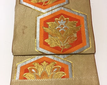 Fukuro Obi, Authentieke kimono obi, Vintage Obi, Japanse Kimono riem, Fukuro obi, Japanse zijden riem, goud, oranje, gemaakt in Japan