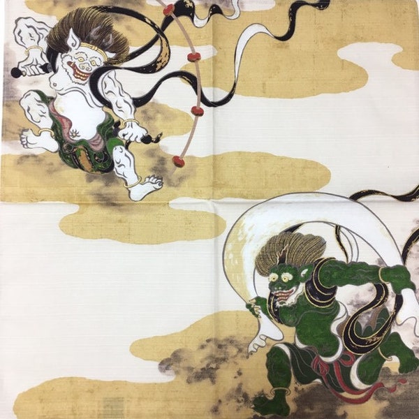 Fu-jin Rai-jin Furoshiki, The god of the wind,  god of thunder, Japanese wrapping cloth, Japanese fabric, Japanese tapestry, Wall Hanging,