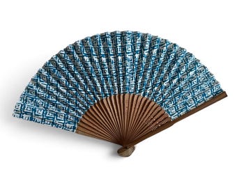 Vintage Japanese Folding Fan, blue, Wooden Frame, Sheer Fabric, Sensu, Deadstock, 21cm