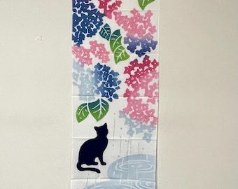 Japanese Tenugui – Hydrangea & Black Cat Cotton Towel, Made in Japan