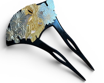 Vintage Japanese Kanzashi Hair Pin, Black & Gold Floral Metal Work, Elegant Kimono Hair Accessory, Traditional Geisha Style, Collectible