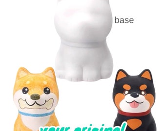 May include: A set of three dog figurines. The first figurine is a white base, the second is a brown and white Shiba Inu with a bone in its mouth, and the third is a black and orange Shiba Inu with its tongue sticking out. The text "your original" is written below the figurines.
