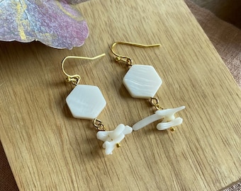 Treasure of the Sea - limited edition earrings made with white mother of pearl and bamboo coral - handmade dangling earrings, white earrings