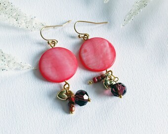 Coral Heart - limited edition earrings - coral mother of pearl earrings, coral earrings, tone on tone earrings, heart earrings