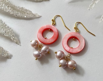 Neon Pearls - limited edition earrings with neon coral mother of pearl and soft pink freshwater pearls - handmade dangling pearl earrings