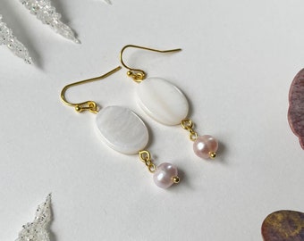 Fit for a bride - limited edition earrings made with white mother of pearl and light pink pearls - handmade dangling pearl earrings, bridal