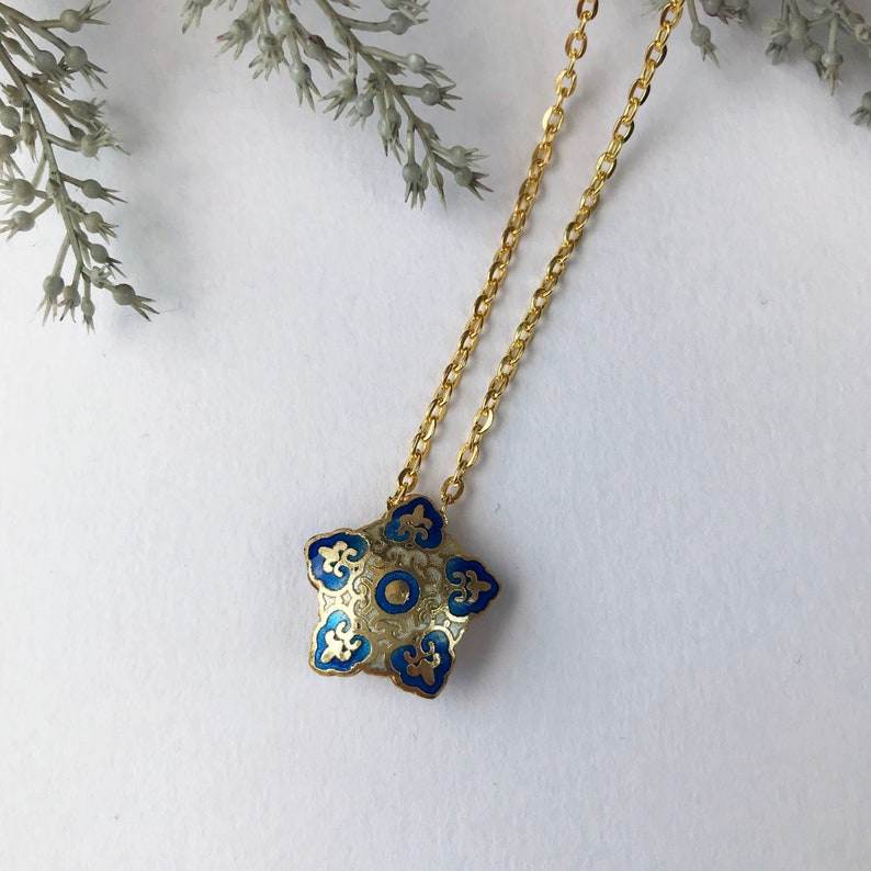 pentagon pale blue Cloisonn\u00e9 Blue blue star unique ethnic lightblue necklace with an oriental pendant with enamel