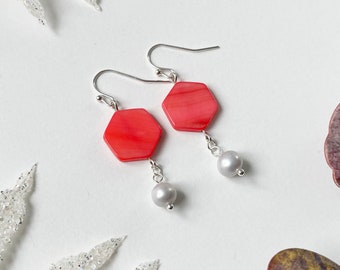 Neon Grey - limited edition earrings made with neon coral mother of pearl and light grey pearls - handmade dangling pearl earrings