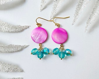 Pink & Teal limited edition earrings made of pink mother of pearl and teal glass beads - dangling earrings, pink earrings, teal earrings