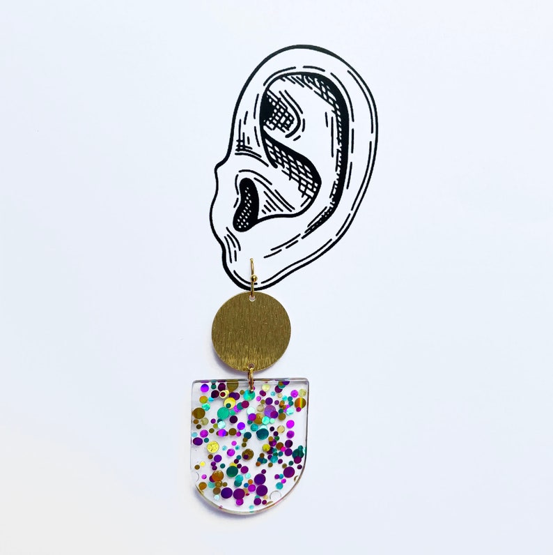Hanging earrings Resin Multi Confetti resin earrings, brass earrings, confetti earrings, glitter earrings, gold pink blue holo earrings image 7