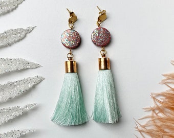 Tassel earrings Mint - unique tasselearrings, ooak earrings, mintgreen earrings, long earrings, pastel tassel earrings, iridescent earrings