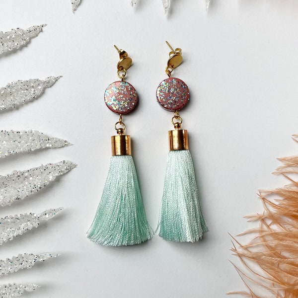 Tassel earrings Mint - unique tasselearrings, ooak earrings, mintgreen earrings, long earrings, pastel tassel earrings, iridescent earrings