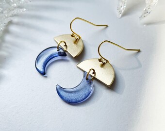 Dangling Earrings Blue Moon - brass earrings, moon earrings, blue earrings, urban earrings, astro earrings, minimal earrings