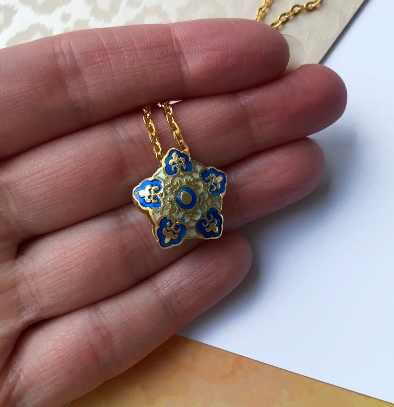 pentagon pale blue Cloisonn\u00e9 Blue blue star unique ethnic lightblue necklace with an oriental pendant with enamel