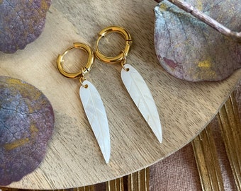 Mother of Pearl Feathers - ear hoops made mother of pearl - shell earrings, feather earrings, mother of pearl earrings, white earrings