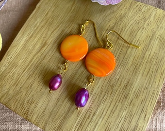 Orange Purple - limited edition earrings - orange earrings, purple earrings, orange purple earrings, pearl earrings, round earrings