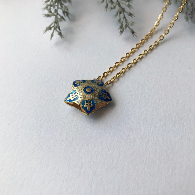 pentagon pale blue Cloisonn\u00e9 Blue blue star unique ethnic lightblue necklace with an oriental pendant with enamel