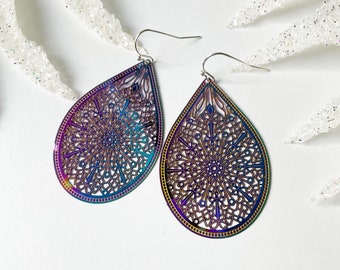 Hanging earrings Rainbow Filigree - leaf earrings, teardrop earrings, rainbow earrings, vein earrings, duochrome earrings, colorful earrings