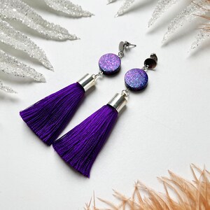 Tassel earrings Purple - unique tasselearrings, ooak earrings, purple earrings, long earrings, purple tassel earrings, iridescent earrings