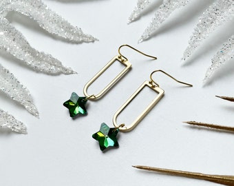 Stars in your ears Dangling Earrings - brass earrings, star earrings, duochrome earrings, green earrings, astro earrings, mystic earrings