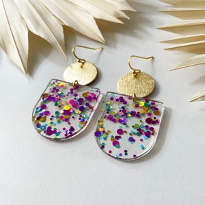 Hanging earrings Resin Multi Confetti resin earrings, brass earrings, confetti earrings, glitter earrings, gold pink blue holo earrings image 6