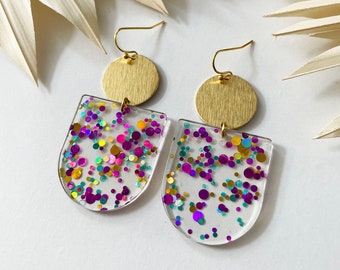 Hanging earrings Resin Multi Confetti - resin earrings, brass earrings, confetti earrings, glitter earrings, gold pink blue holo earrings