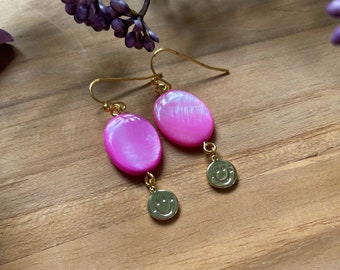 Pink Smiley - limited edition earrings made of pink mother of pearl and smiley charm - smiley earrings, pink earrings, funny earrings