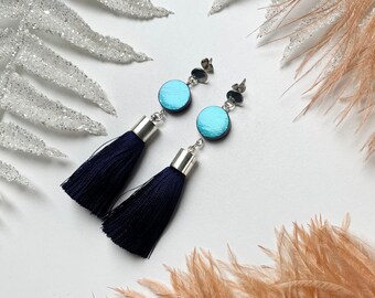 Tassel earrings Blue - unique tasselearrings, ooak earrings, blue earrings, long earrings, blue tassel earrings, duochrome earrings