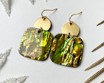 Modern yellow earrings - brass earrings, yellow earrings, shell earrings, iridescent earrings, mop earrings, resin earrings