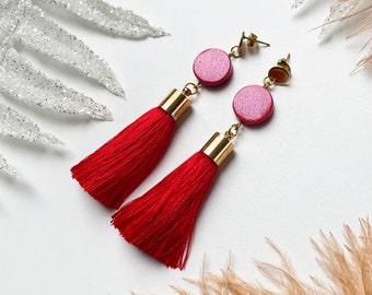 Tassel earrings Red - unique tasselearrings, ooak earrings, red earrings, long earrings, red tassel earrings, bright red earrings