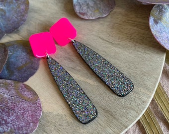 Holographic Neon Pink - neon earrings, pink earrings, glitter earrings, holographic earrings, neon pink earrings, statement earrings