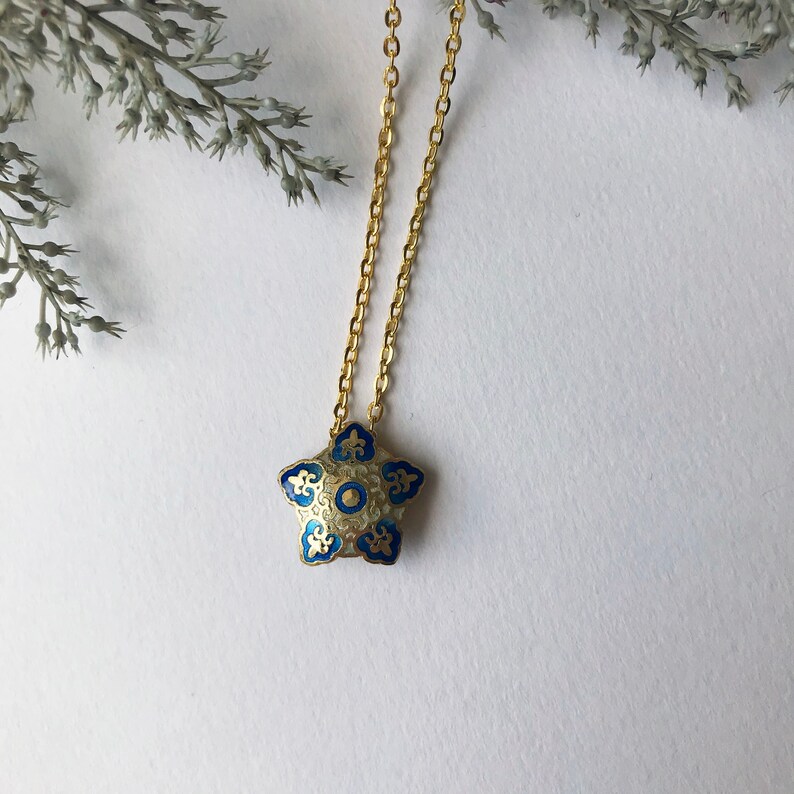 pentagon pale blue Cloisonn\u00e9 Blue blue star unique ethnic lightblue necklace with an oriental pendant with enamel