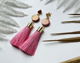 Tassel earrings Pink - unique tasselearrings, ooak earrings, pink earrings, long earrings, pink tassel earrings, iridescent earrings