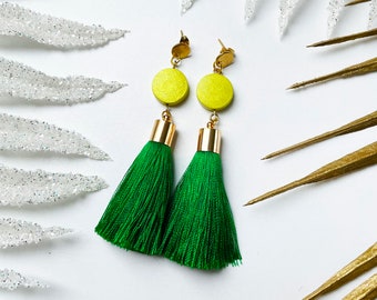 Tassel earrings Yellow Green - unique tasselearrings, ooak earrings, bright earrings, long earrings, tassel earrings, iridescent earrings