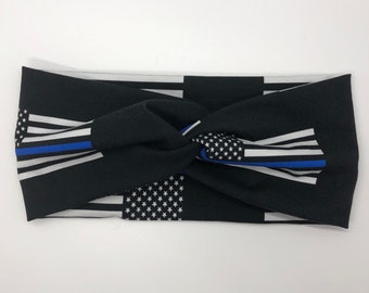 Thin Blue Line police flag faux top twisted knot headband womens girls