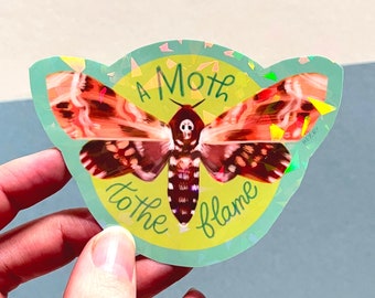 Holographic Deaths Head Moth Sticker, Skull Moth to the Flame, Academia Sticker, Colorful Goth, Green, Dark Romance, Vinyl Decal, Neon