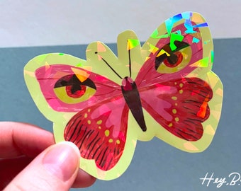 Holographic Butterfly Sticker, Eyes on the Wings, Sparkly Waterproof Vinyl, Green and Pink Cute Decal for Journal and Sketchbook