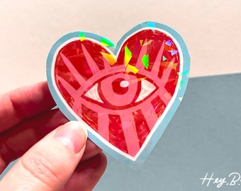 Holographic Heart with Eye Sticker, Sparkly Waterproof Vinyl Decal, Red and Pink Evil Eye
