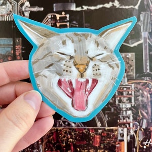 Yawning Gray Cat Sticker, Sleepy Kitty Decal, Waterproof Vinyl Sticker for Journal, Small Gift for Cat Lover