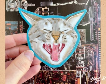 Yawning Gray Cat Sticker, Sleepy Kitty Decal, Waterproof Vinyl Sticker for Journal, Small Gift for Cat Lover