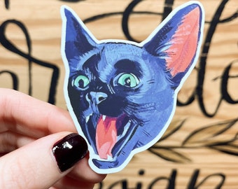 Adhesivo de vinilo impermeable con la cabeza de un gato negro gritando