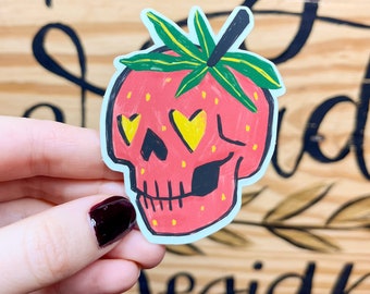 Strawberry Skull Sticker, Vinyl Waterproof Skullberry Decal, Cute and Creepy, Red Fruit Sticker, Pastel Goth, Small Gift, Stocking Stuffer