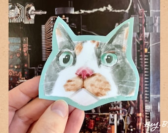 Wide Eyed Cat Sticker, Green Eyed Calico Decal, Waterproof Vinyl Sticker, Cat Head, Cat Face, White and Brown and Grey Kitty Art